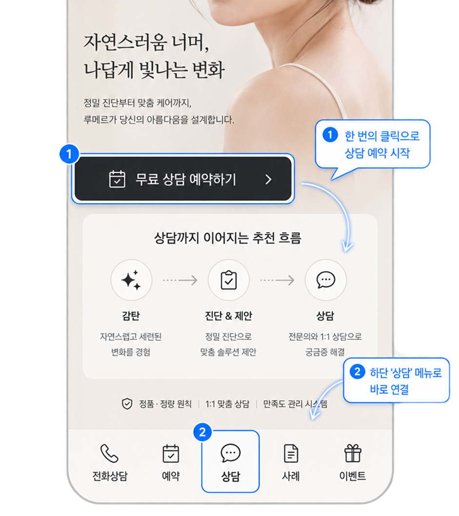오브젠 성형외과 모바일 홈 화면 — 환자 상담 전환 동선
